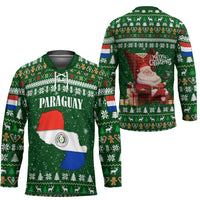 Paraguay Christmas Hockey Jersey with Green Festive Pattern, Map and Flag Motif, and Santa Illustration - Wonder Print Shop