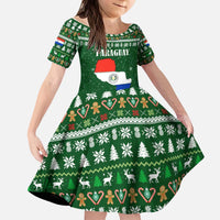 Paraguay Christmas Kid Short Sleeve Dress with Green Festive Pattern, Map and Flag Motif, and Santa Illustration - Wonder Print Shop