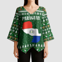 Paraguay Christmas Kimono Sleeve Blouse with Green Festive Pattern, Map and Flag Motif, and Santa Illustration - Wonder Print Shop
