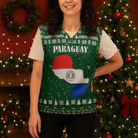 Paraguay Christmas Knitted V-Neck Vest with Green Festive Pattern, Map and Flag Motif, and Santa Illustration - Wonder Print Shop