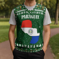 Paraguay Christmas Knitted V-Neck Vest with Green Festive Pattern, Map and Flag Motif, and Santa Illustration - Wonder Print Shop