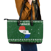 Paraguay Christmas Leather Tote Bag with Green Festive Pattern, Map and Flag Motif, and Santa Illustration - Wonder Print Shop