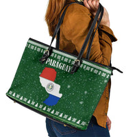 Paraguay Christmas Leather Tote Bag with Green Festive Pattern, Map and Flag Motif, and Santa Illustration - Wonder Print Shop