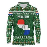 Paraguay Christmas Long Sleeve Polo Shirt with Green Festive Pattern, Map and Flag Motif, and Santa Illustration - Wonder Print Shop