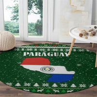 Paraguay Christmas Round Carpet with Green Festive Pattern, Map and Flag Motif, and Santa Illustration - Wonder Print Shop