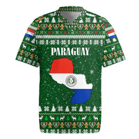 Paraguay Christmas Rugby Jersey with Green Festive Pattern, Map and Flag Motif, and Santa Illustration - Wonder Print Shop