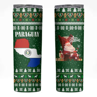 Paraguay Christmas Skinny Tumbler with Green Festive Pattern, Map and Flag Motif, and Santa Illustration - Wonder Print Shop