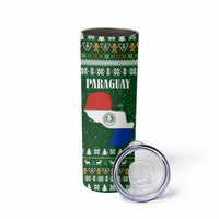 Paraguay Christmas Skinny Tumbler with Green Festive Pattern, Map and Flag Motif, and Santa Illustration - Wonder Print Shop