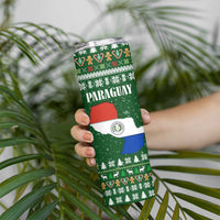 Paraguay Christmas Skinny Tumbler with Green Festive Pattern, Map and Flag Motif, and Santa Illustration - Wonder Print Shop