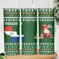 Paraguay Christmas Skinny Tumbler with Green Festive Pattern, Map and Flag Motif, and Santa Illustration - Wonder Print Shop