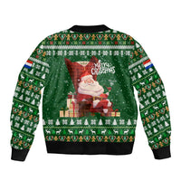 Paraguay Christmas Sleeve Zip Bomber Jacket with Green Festive Pattern, Map and Flag Motif, and Santa Illustration - Wonder Print Shop