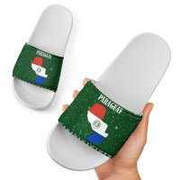 Paraguay Christmas Slide Sandals with Green Festive Pattern, Map and Flag Motif, and Santa Illustration - Wonder Print Shop