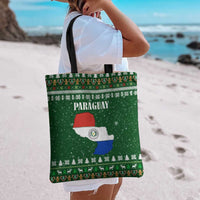 Paraguay Christmas Tote Bag with Green Festive Pattern, Map and Flag Motif, and Santa Illustration - Wonder Print Shop