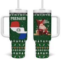 Paraguay Christmas Tumbler With Handle with Green Festive Pattern, Map and Flag Motif, and Santa Illustration - Wonder Print Shop