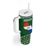 Paraguay Christmas Tumbler With Handle with Green Festive Pattern, Map and Flag Motif, and Santa Illustration - Wonder Print Shop