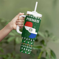 Paraguay Christmas Tumbler With Handle with Green Festive Pattern, Map and Flag Motif, and Santa Illustration - Wonder Print Shop
