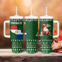 Paraguay Christmas Tumbler With Handle with Green Festive Pattern, Map and Flag Motif, and Santa Illustration - Wonder Print Shop