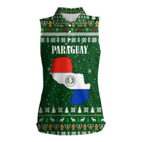 Paraguay Christmas Women Sleeveless Polo Shirt with Green Festive Pattern, Map and Flag Motif, and Santa Illustration - Wonder Print Shop
