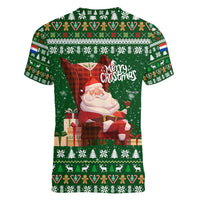 Paraguay Christmas Women V-Neck T-Shirt with Green Festive Pattern, Map and Flag Motif, and Santa Illustration - Wonder Print Shop
