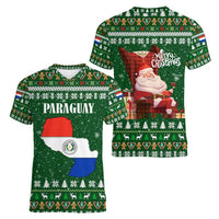 Paraguay Christmas Women V-Neck T-Shirt with Green Festive Pattern, Map and Flag Motif, and Santa Illustration - Wonder Print Shop