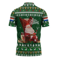 Paraguay Christmas Zipper Polo Shirt with Green Festive Pattern, Map and Flag Motif, and Santa Illustration - Wonder Print Shop