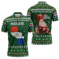 Paraguay Christmas Zipper Polo Shirt with Green Festive Pattern, Map and Flag Motif, and Santa Illustration - Wonder Print Shop