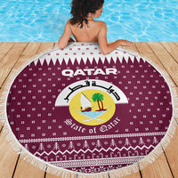 Qatar Christmas Beach Blanket with Maroon-White Design, National Emblem, and Camel Motif - Wonder Print Shop