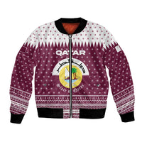 Qatar Christmas Bomber Jacket with Maroon-White Design, National Emblem, and Camel Motif - Wonder Print Shop