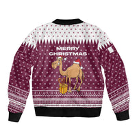 Qatar Christmas Bomber Jacket with Maroon-White Design, National Emblem, and Camel Motif - Wonder Print Shop