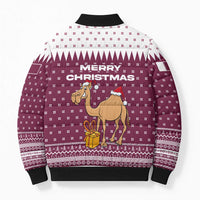 Qatar Christmas Bomber Puffer Jacket with Maroon-White Design, National Emblem, and Camel Motif - Wonder Print Shop