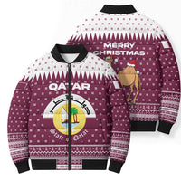 Qatar Christmas Bomber Puffer Jacket with Maroon-White Design, National Emblem, and Camel Motif - Wonder Print Shop