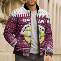 Qatar Christmas Bomber Puffer Jacket with Maroon-White Design, National Emblem, and Camel Motif - Wonder Print Shop