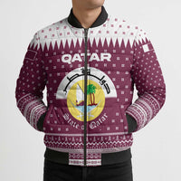 Qatar Christmas Bomber Puffer Jacket with Maroon-White Design, National Emblem, and Camel Motif - Wonder Print Shop