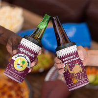Qatar Christmas 4 in 1 Can Cooler Tumbler with Maroon-White Design, National Emblem, and Camel Motif - Wonder Print Shop