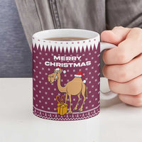 Qatar Christmas Ceramic Mug with Maroon-White Design, National Emblem, and Camel Motif - Wonder Print Shop
