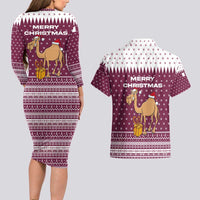 Qatar Christmas Couples Matching Long Sleeve Bodycon Dress and Hawaiian Shirt with Maroon-White Design, National Emblem, and Camel Motif - Wonder Print Shop