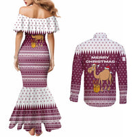 Qatar Christmas Couples Matching Mermaid Dress and Long Sleeve Button Shirt with Maroon-White Design, National Emblem, and Camel Motif - Wonder Print Shop