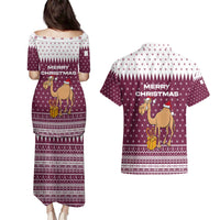 Qatar Christmas Couples Matching Puletasi and Hawaiian Shirt with Maroon-White Design, National Emblem, and Camel Motif - Wonder Print Shop