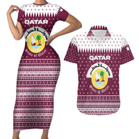 Qatar Christmas Couples Matching Short Sleeve Bodycon Dress and Hawaiian Shirt with Maroon-White Design, National Emblem, and Camel Motif - Wonder Print Shop