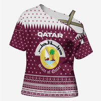 Qatar Christmas Cross Shoulder Shirt with Maroon-White Design, National Emblem, and Camel Motif - Wonder Print Shop