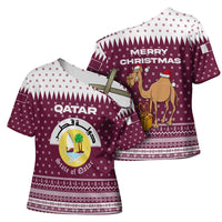 Qatar Christmas Cross Shoulder Shirt with Maroon-White Design, National Emblem, and Camel Motif - Wonder Print Shop