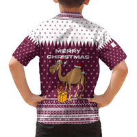 Qatar Christmas Family Matching Long Sleeve Bodycon Dress and Hawaiian Shirt with Maroon-White Design, National Emblem, and Camel Motif - Wonder Print Shop
