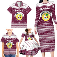 Qatar Christmas Family Matching Long Sleeve Bodycon Dress and Hawaiian Shirt with Maroon-White Design, National Emblem, and Camel Motif - Wonder Print Shop