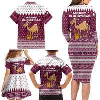Qatar Christmas Family Matching Long Sleeve Bodycon Dress and Hawaiian Shirt with Maroon-White Design, National Emblem, and Camel Motif - Wonder Print Shop