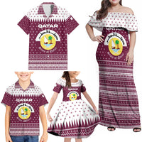 Qatar Christmas Family Matching Off Shoulder Maxi Dress and Hawaiian Shirt with Maroon-White Design, National Emblem, and Camel Motif - Wonder Print Shop