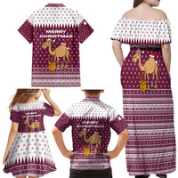 Qatar Christmas Family Matching Off Shoulder Maxi Dress and Hawaiian Shirt with Maroon-White Design, National Emblem, and Camel Motif - Wonder Print Shop