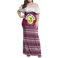 Qatar Christmas Family Matching Off Shoulder Maxi Dress and Hawaiian Shirt with Maroon-White Design, National Emblem, and Camel Motif - Wonder Print Shop