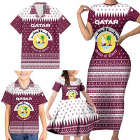 Qatar Christmas Family Matching Short Sleeve Bodycon Dress and Hawaiian Shirt with Maroon-White Design, National Emblem, and Camel Motif - Wonder Print Shop