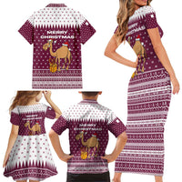 Qatar Christmas Family Matching Short Sleeve Bodycon Dress and Hawaiian Shirt with Maroon-White Design, National Emblem, and Camel Motif - Wonder Print Shop