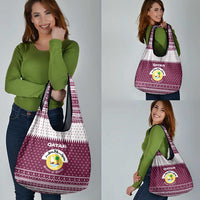 Qatar Christmas Grocery Bag with Maroon-White Design, National Emblem, and Camel Motif - Wonder Print Shop